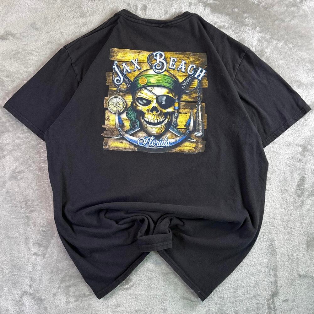 Port & Company Jax Beach Florida Skull Pirate Graphic Tee Black XL